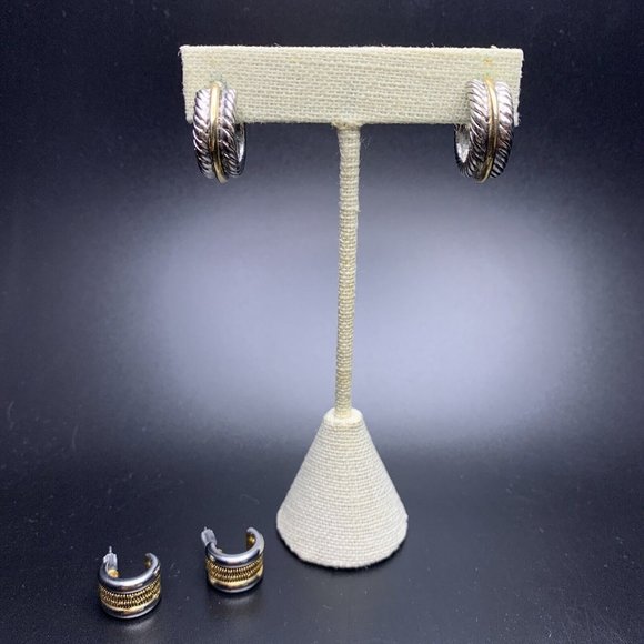 Two Tone Hoop Earrings Lot Silver Gold Color Mixed Metal Pierced - Picture 1 of 9